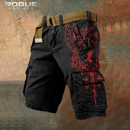 Norse Raven Printed Cargo Shorts Men Y2K Gothic Viking Embroidery Tree Graphic Harajuku Streetwear Loose Washed Summer Bottoms