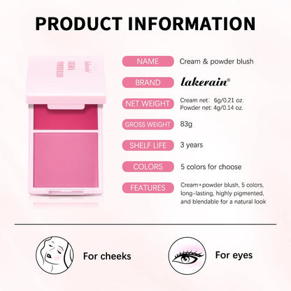 Lakerain Blush Cream Long Lasting High Pigmented Natural Pink Smooth Texture 2 IN 1 Cream & Powder Blusher Korean Makeup