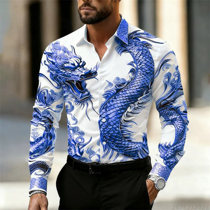 Men's shirt long sleeve shirt Chinese dragon HD pattern 3D printing lapel fashion casual street top, high quality fabric