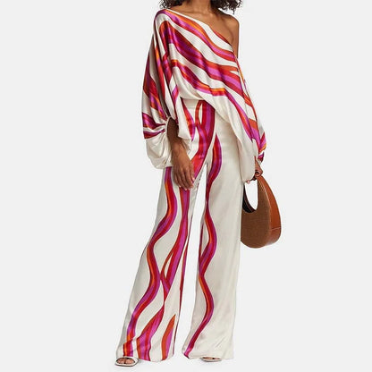 VEITCHE Women Print Outfit  Sleeve Off Shoulder Long Sleeve Blouse Office Lady 2 Piece Sets Spring Autumn Wide Leg Pants Suit
