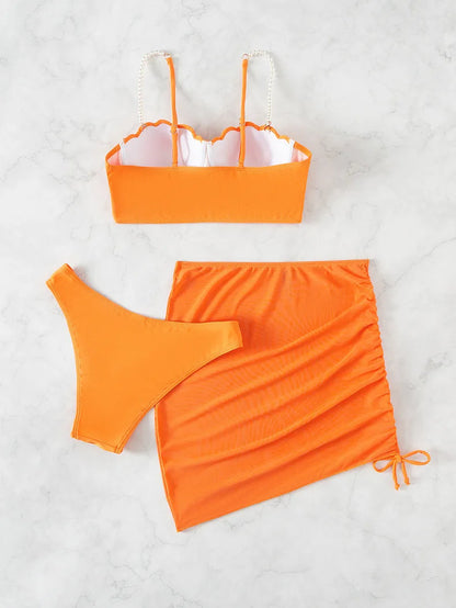 2025 New Sexy Three-piece Bikini Women Solid Drawstring Skirt Swimsuit Sling Backless Swimwear Tight Gathered Beach Bathing Suit