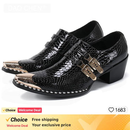 2024 Western Fashion Pointed Metal Toe Dress Shoes Blue Grey Party Wedding Leather Shoes for Men