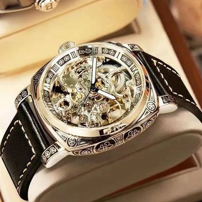 A MEN'S Black Zinc Alloy Business Style Luminous Carved Fully Automatic Tourbillon Hollow Mechanical Watch