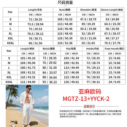 The 2026 Summer Men's linen short-sleeved shirt set is a two-piece long pants set suitable fordaily casual beach vacations 2Pcs