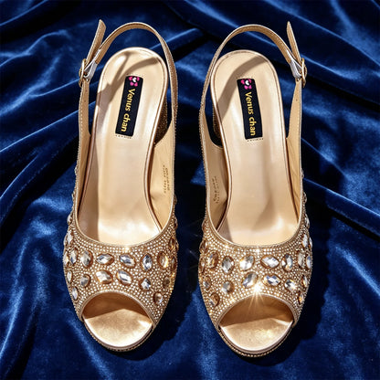Venus Chan Elegant Gold Striped Peep Toe High Heels and Matching Bag Set – Rhinestone Decor for Parties and Weddings