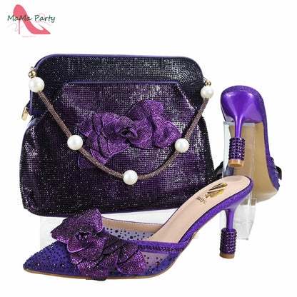 Purple Color New Arrivals Italian Design Nigerian Women Shoes and Bag Set Pointed Toe Slipper with Shinning Crystal for Party
