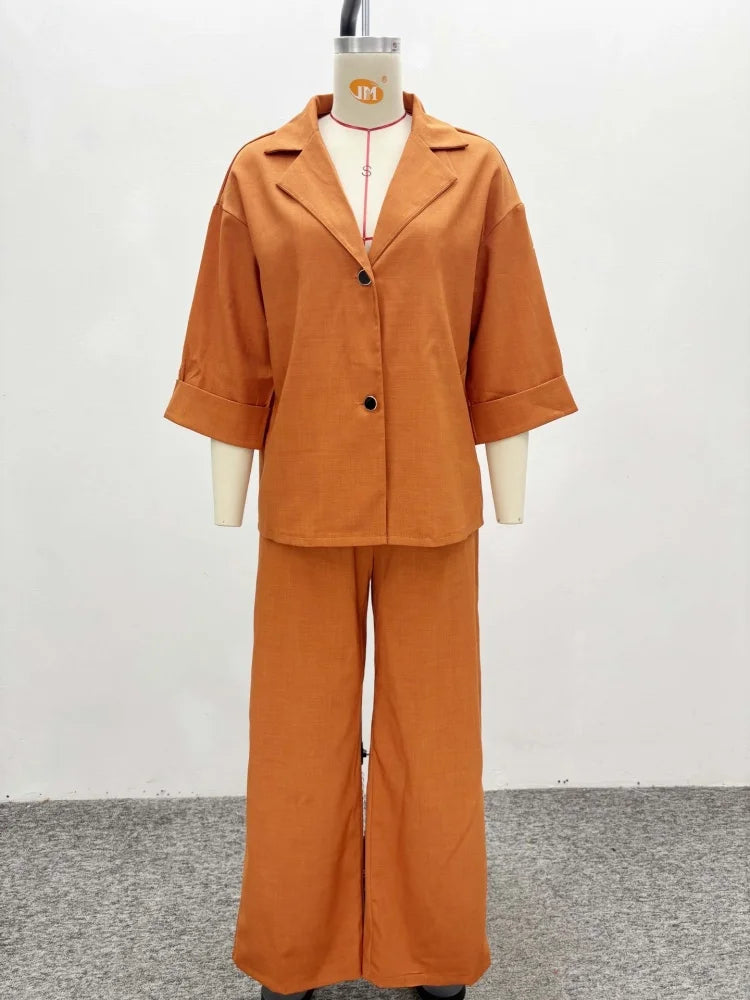Wmstar Two Piece Set Women Wholesale Lapel Loose Single Breasted Shirt High Waisted Straight Leg Pants Casual Elegant Suit