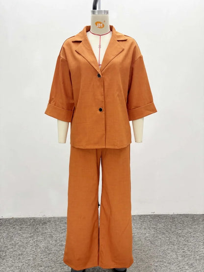 Wmstar Two Piece Set Women Wholesale Lapel Loose Single Breasted Shirt High Waisted Straight Leg Pants Casual Elegant Suit