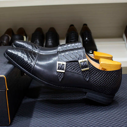 Luxury Double Buckle Monk Strap Men's Dress Shoes Genuine Leather Classic Crocodile Pattern Formal Business Office Footwear