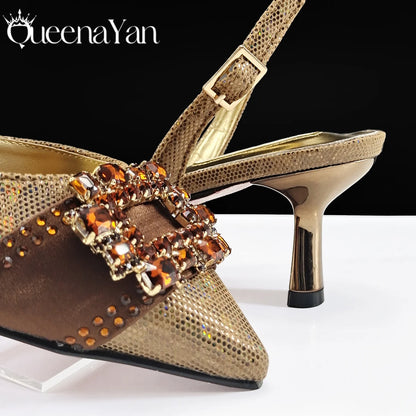 Queena Yan Nigeria Elegant Noble Party Wedding Shoes And Bag Pointed Toe Decorated With Rhinestone Women Heel Shoes