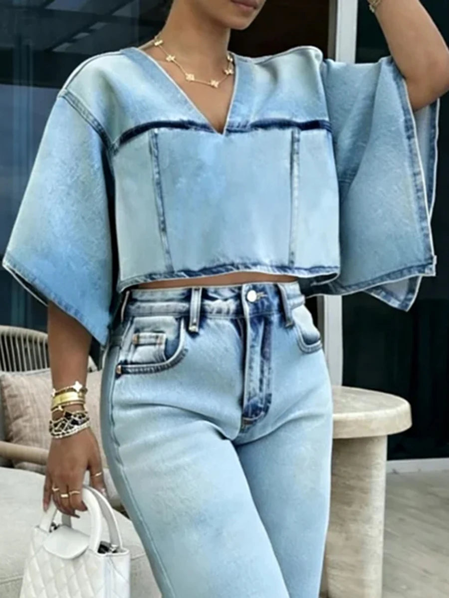 Bonboho Women's Light Blue Washed Distressed V-Neck Batwing Sleeve Cropped Denim T-shirt Top 2026 Summer Stylish Retro Tees