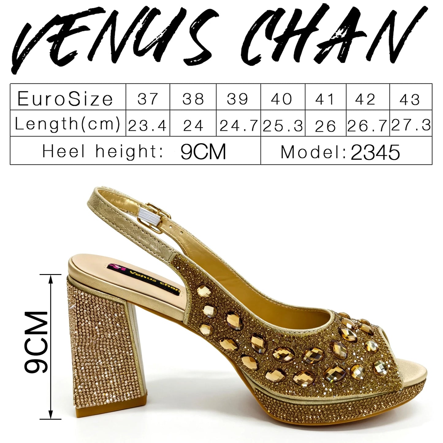 Venus Chan Elegant Gold Striped Peep Toe High Heels and Matching Bag Set – Rhinestone Decor for Parties and Weddings