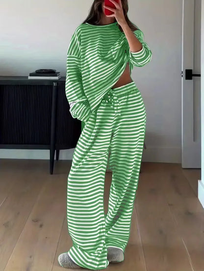 New Simple Striped Suit Simple  Loose Comfortable Lazy Style Long-sleeved Round Neck Pullover Top Lace-up Trousers Two-piece Set