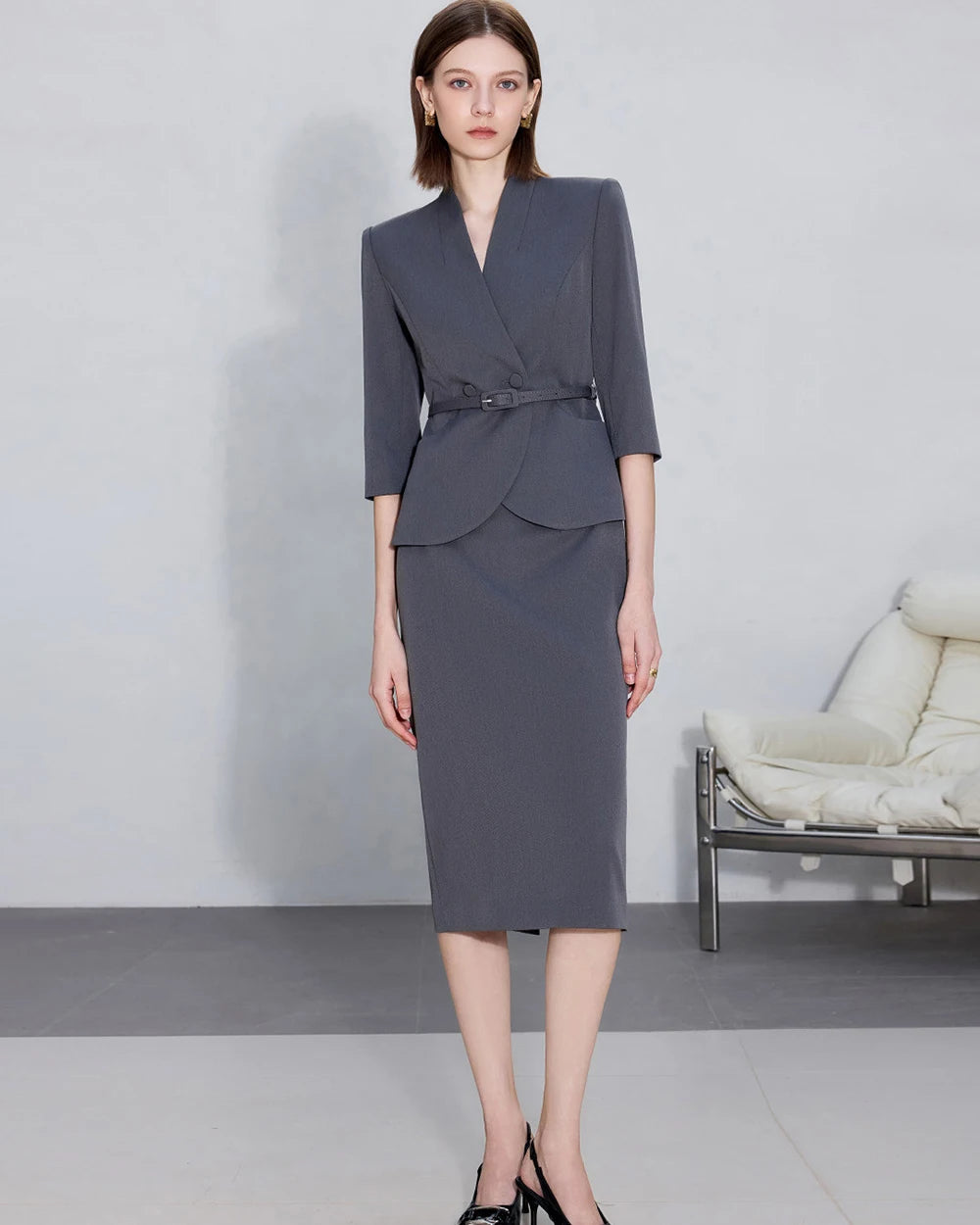 Two-Piece Suit For Women, Navy Blue Luxury Fashion Workplace Two-Piece Skirt Set, Minimalist Elegant Three-Quarter Sleeve Design