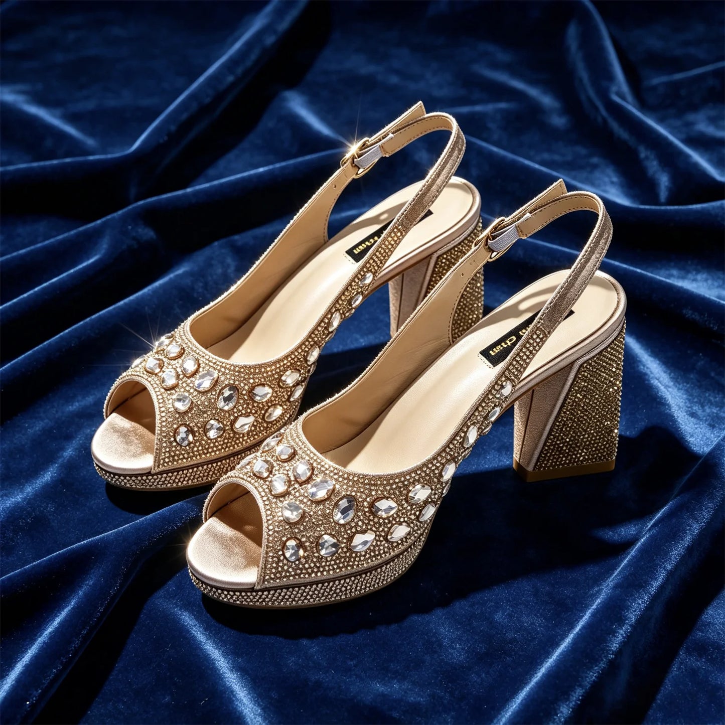 Venus Chan Elegant Gold Striped Peep Toe High Heels and Matching Bag Set – Rhinestone Decor for Parties and Weddings