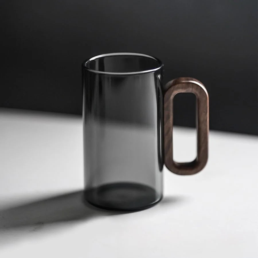 6pcs Borosilicate Glass Coffee Mug with Walnut Handle - 12oz Elegant Black Tumbler for Hot & Cold Drinks, Modern Office Tea Cup, Dishwasher Safe, 2.76" Diameter (360ml)