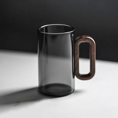 6pcs Borosilicate Glass Coffee Mug with Walnut Handle - 12oz Elegant Black Tumbler for Hot & Cold Drinks, Modern Office Tea Cup, Dishwasher Safe, 2.76" Diameter (360ml)