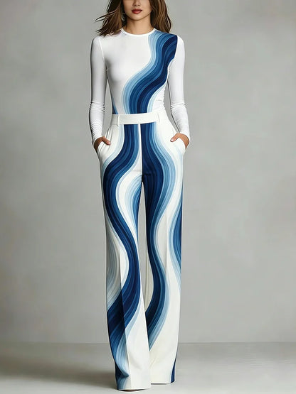 Women s Fashion 2 Piece Set Long Sleeve Slim Fit Top And Wide Leg Pants Blue Wave Print With Pocket Casual Chic Outfit Set
