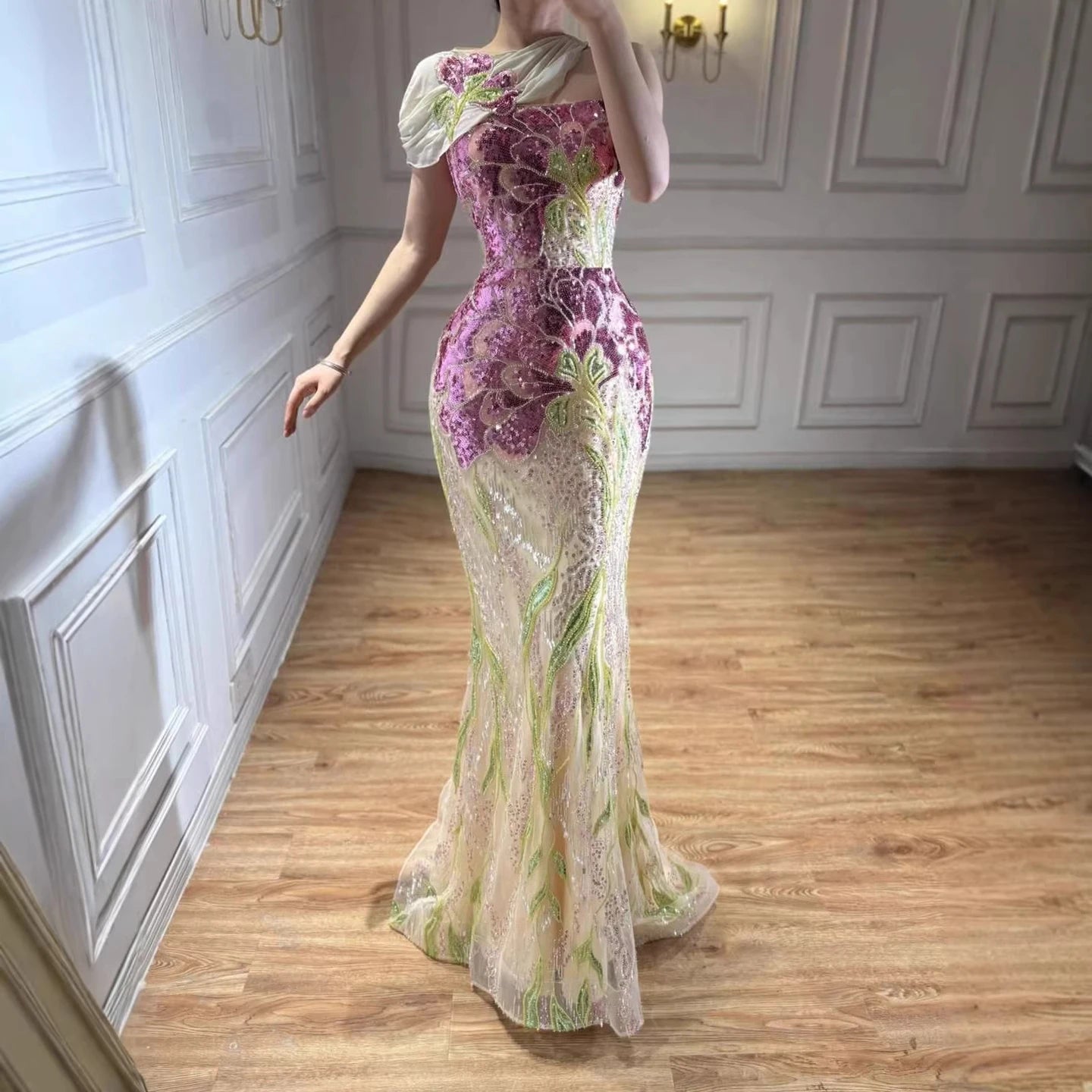 SERENE HILL 2026 Customized Purple Floral Mermaid With Shawl Evening Dress Strapless Women Formal Party Gown CLA73538A
