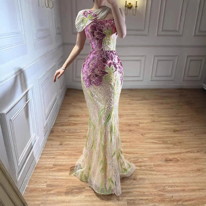 SERENE HILL 2026 Customized Purple Floral Mermaid With Shawl Evening Dress Strapless Women Formal Party Gown CLA73538A