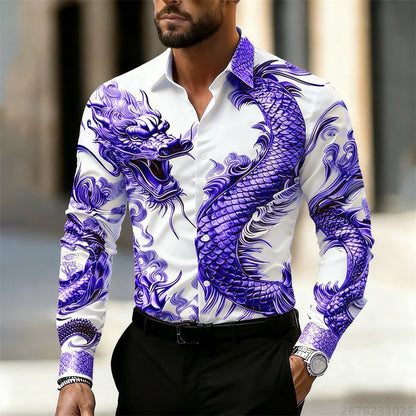 Men's shirt long sleeve shirt Chinese dragon HD pattern 3D printing lapel fashion casual street top, high quality fabric