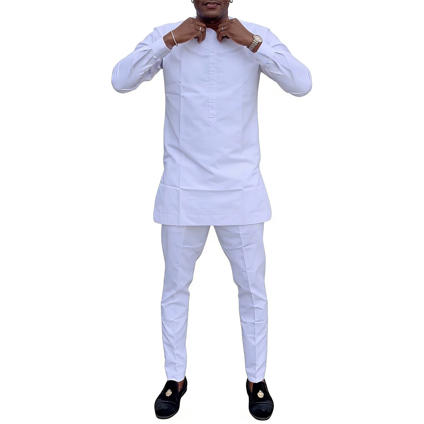 Men's Sets Solid White Long Sleeve Tops & Trousers Original Design Pant Suits Tailored African Couture Party Wear