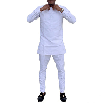 Men's Sets Solid White Long Sleeve Tops & Trousers Original Design Pant Suits Tailored African Couture Party Wear