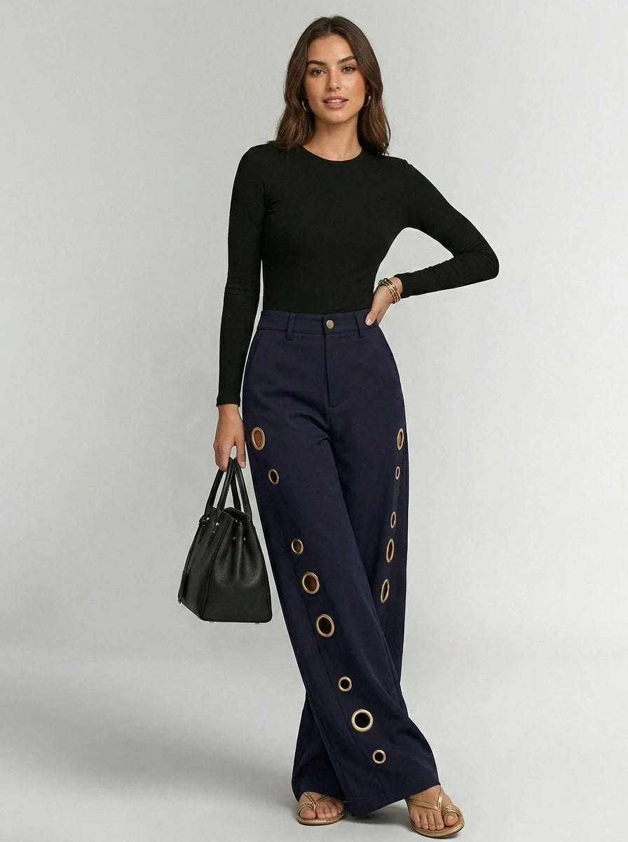 Bonboho Women's Solid Color Eyelet High Waist Wide Leg Pants 2026 Casual Streetwear Straight Leg Trousers Daily Wear Bottoms