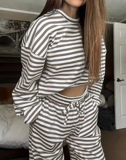 New Simple Striped Suit Simple  Loose Comfortable Lazy Style Long-sleeved Round Neck Pullover Top Lace-up Trousers Two-piece Set