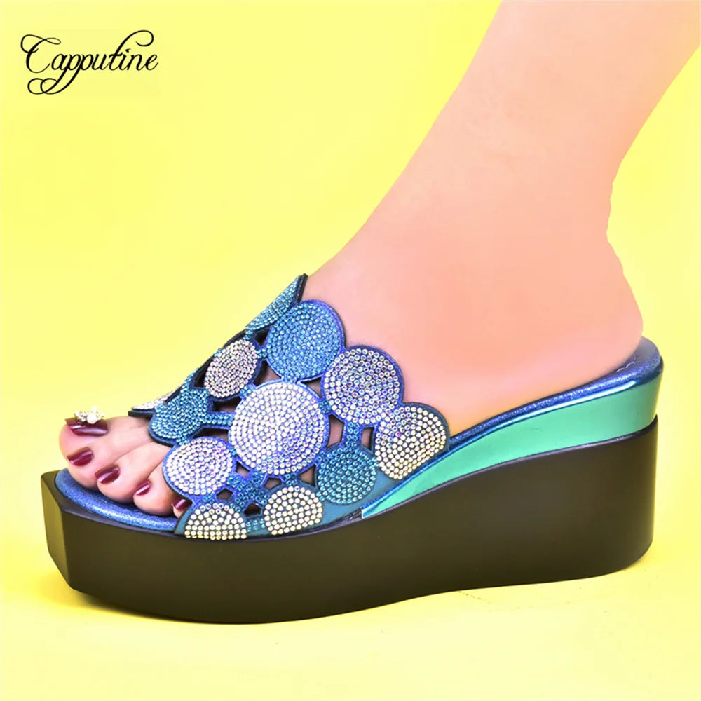Gold Women Wedge High Heels Shoes Fashion Nigerian Ladies Summer Stones Slippers African Pumps Pantoufle Femme Pantuflas 2022-3