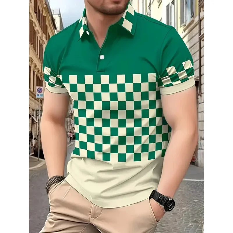 Men's simple checkered polo 3d printed button polo summer short-sleeved top daily street men's wear