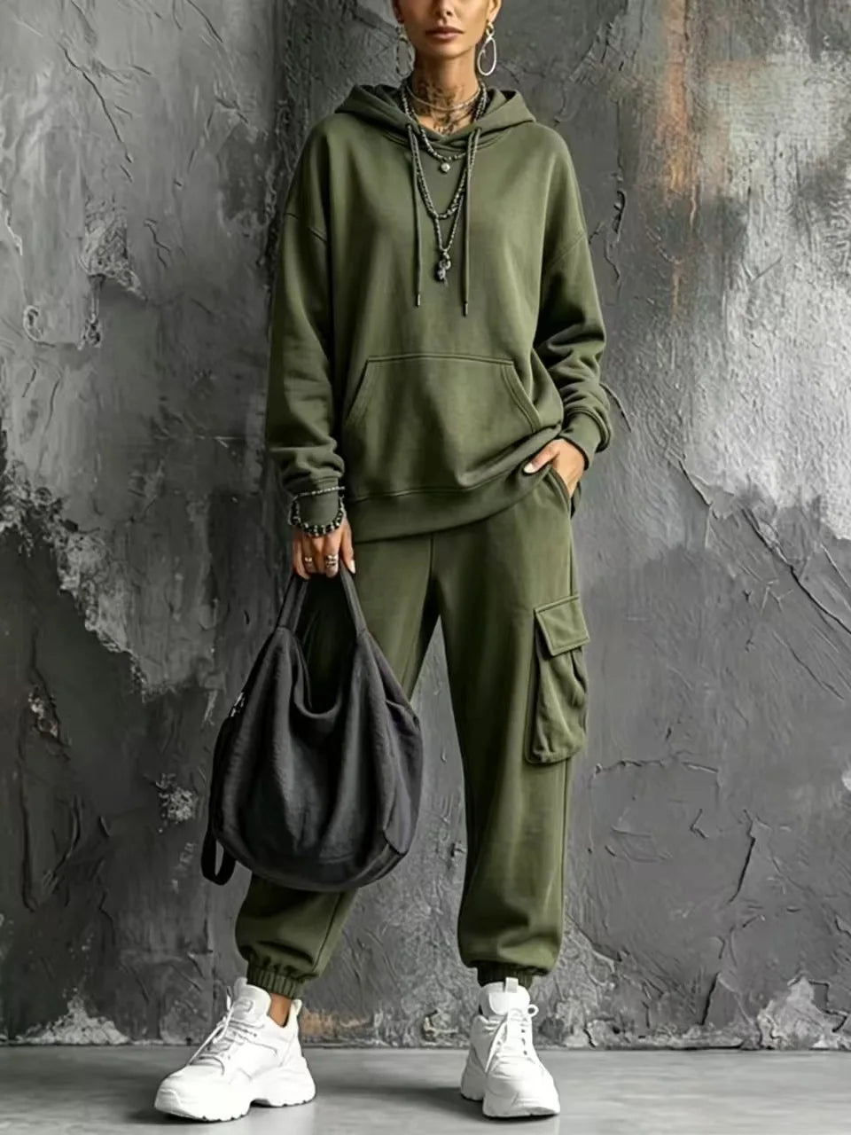 Autumn Winter New Casual Solid Color Hooded Sweatshirt Trousers Set 2026 Fashion Pocket Loose Sports Trousers Female 2 Piece Set