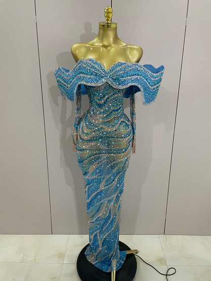 2025 Luxury Sparkly Rhinestones Blue Long Dress With Gloves Women Party Evening Birthday Dresses Celebrate Stage Catwalk Gowns