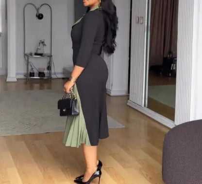 Womens Dresses 2025 Spring New Elegant Commuting Contrasting Color Waist Cinching Pleated Patchwork Long Sleeve Casual Dress