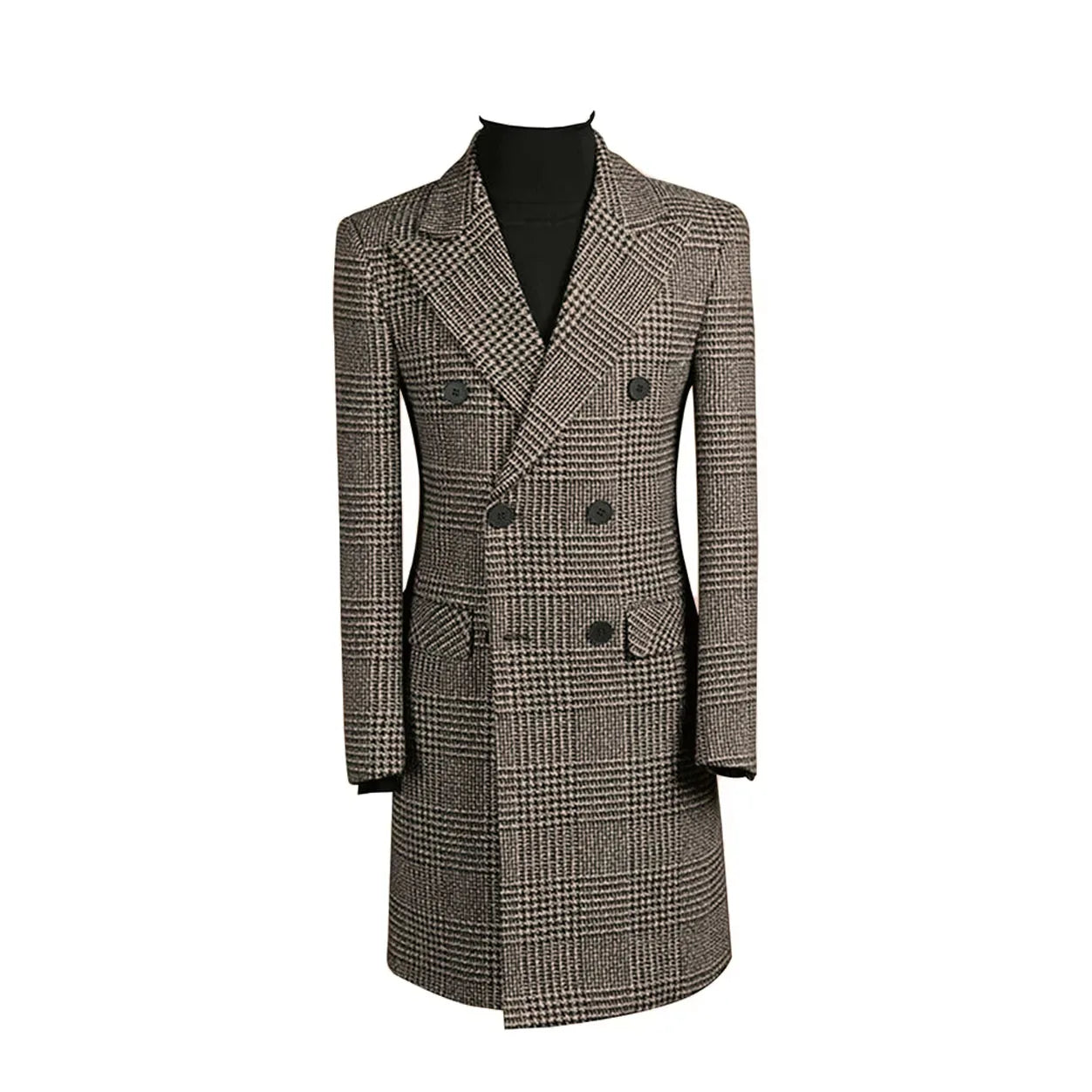 Autumn Winter Houndstooth Men's Long Coat Double Breasted Classic Jacket for Wedding Formal Blazers Groom Business Tuxedos