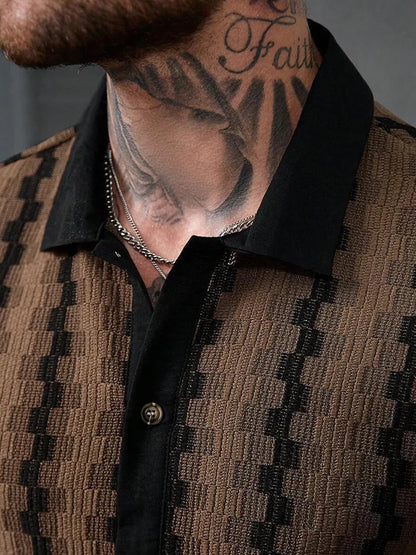 Summer Men's Knit Short Sleeve Shirt, Vintage Plaid Pattern Casual Button Up Top, Breathable Textured Fabric for Daily Vacation