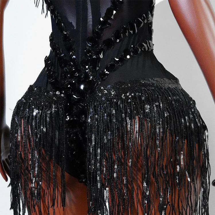 Sexy Mesh Sheer Black Rhinestone Tassel Bodysuit Women Singer Dancer Stage Show Outfit Nightclub Leotard Party Performance Wear