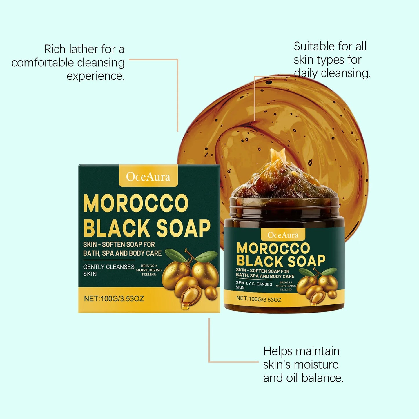 OceAura Morocco Black Soap Deep Cleaning Remove Dead Skin Cells Gentle Care Body Moisturizing Brighten Skin Smoothing Soap 100g