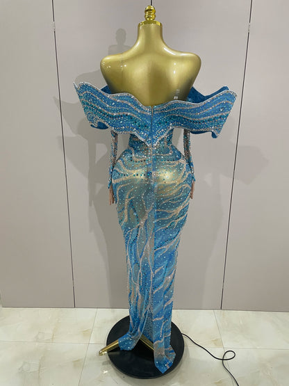 2025 Luxury Sparkly Rhinestones Blue Long Dress With Gloves Women Party Evening Birthday Dresses Celebrate Stage Catwalk Gowns