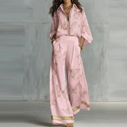 Casual Long Sleeve Pocket Loose 2Pc Sets Lapel Zipper Shirt & Wide Leg Pants Suit Women Fashion Butterfly Print Matching Outfits