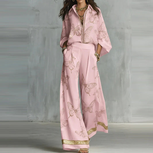 Casual Long Sleeve Pocket Loose 2Pc Sets Lapel Zipper Shirt & Wide Leg Pants Suit Women Fashion Butterfly Print Matching Outfits