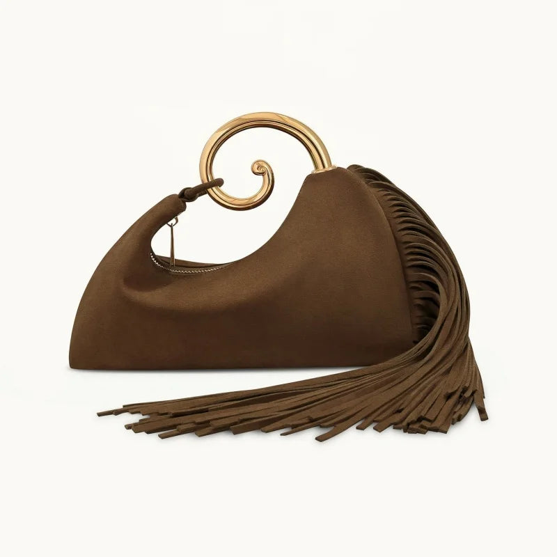 Trendy Creative Horsetail Shape Women's Handbag French Elegant Tassel Design Metal Ring Cloud Bag Prom Clutch Purse Banquet Bags