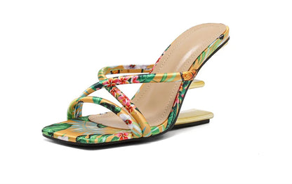 Liyke Summer Fashion Colour Square Toe Metal Wedge Slippers Women Mules Slides Strange High Heels Banquet Party Shoes Size 35-42