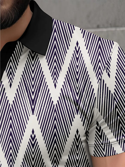2026 Summer New Style Men's Short-Sleeved Polo Shirt With 3D Stripes Pattern Print Casual And Fashionable Breathable