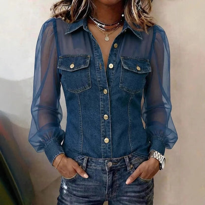 Casual Women's Denim Mesh Puff Sleeve Shirt Blue Jean Button Down Blouse with Pockets Sheer Sleeve Casual Vintage Blouse To
