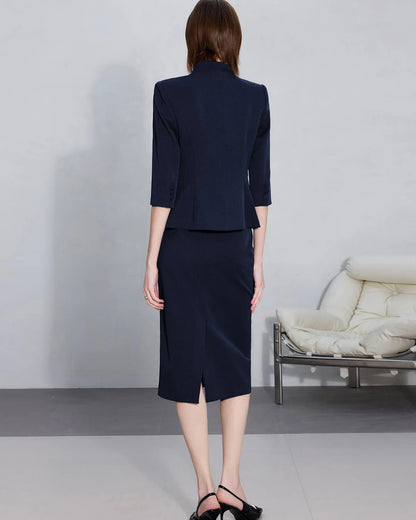 Two-Piece Suit For Women, Navy Blue Luxury Fashion Workplace Two-Piece Skirt Set, Minimalist Elegant Three-Quarter Sleeve Design