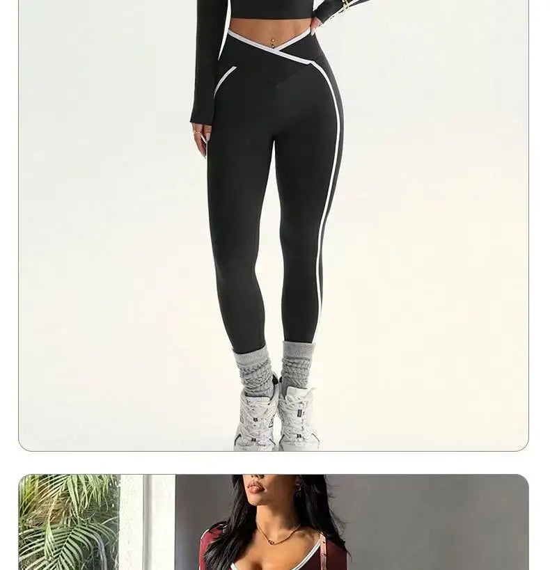 2026 Popular Color Blocking Yoga Set, Tight Yoga Long Sleeved Pants V Waist and Hip Lifting Tight Yoga Pants Luxury Set