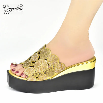 Gold Women Wedge High Heels Shoes Fashion Nigerian Ladies Summer Stones Slippers African Pumps Pantoufle Femme Pantuflas 2022-3