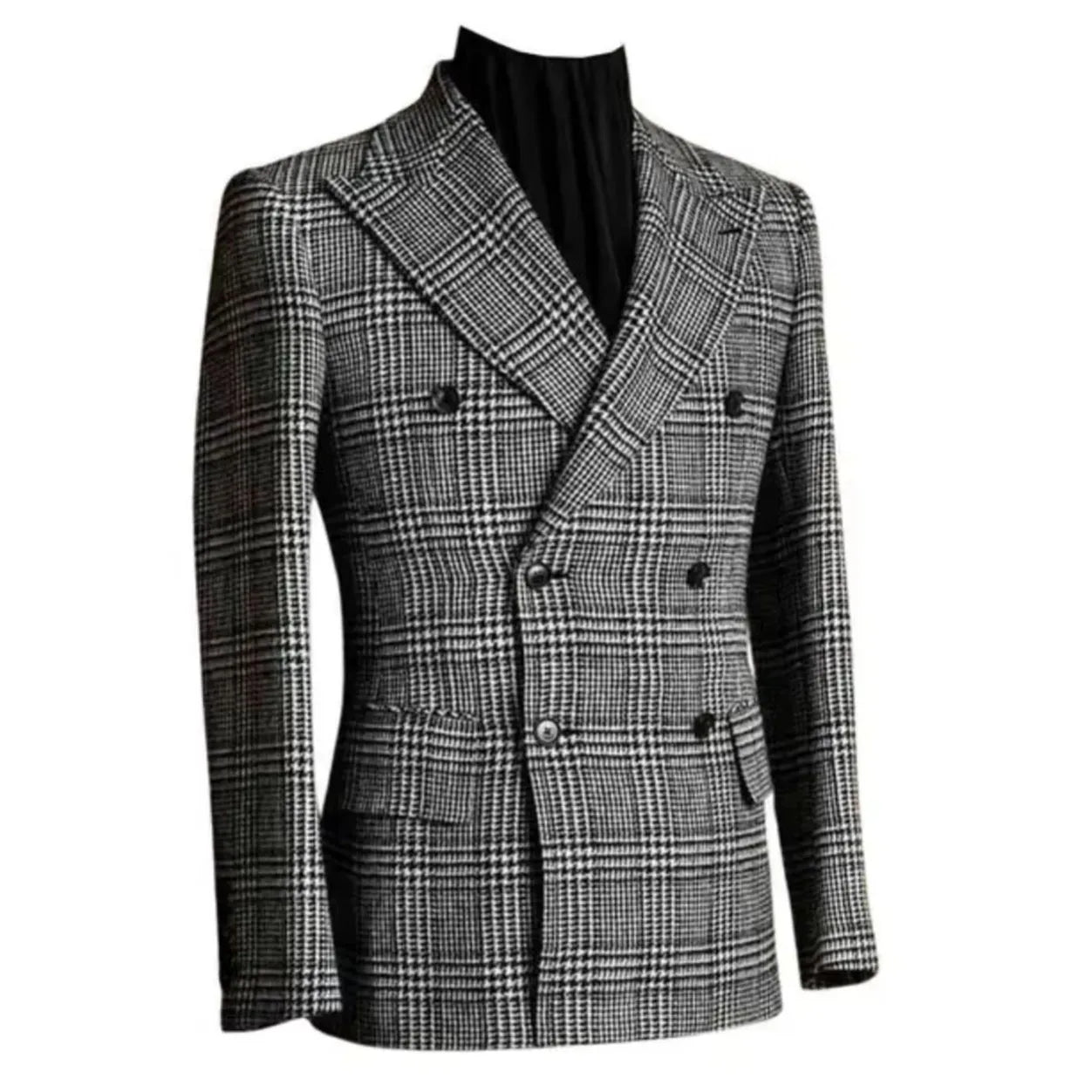Autumn Winter Houndstooth Men's Long Coat Double Breasted Classic Jacket for Wedding Formal Blazers Groom Business Tuxedos