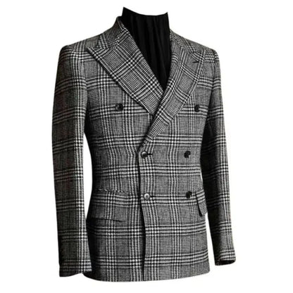 Autumn Winter Houndstooth Men's Long Coat Double Breasted Classic Jacket for Wedding Formal Blazers Groom Business Tuxedos